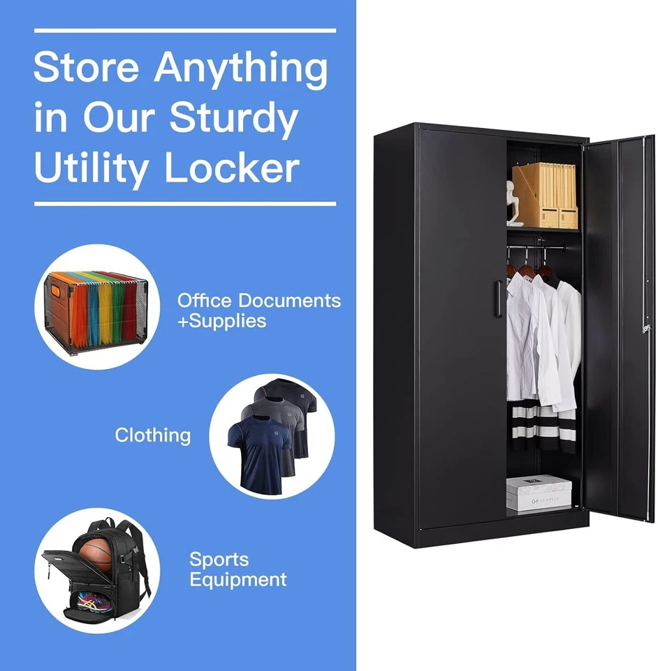 Armario de metal armario armario armario 72" acero bloqueable armario de almacenamiento negro Foto 4 de 4
