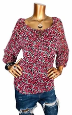 FORTUNE + IVY L Top NWT Red Pink Black White Keyhole Neck Tie Lined Blouse 3/4Sl