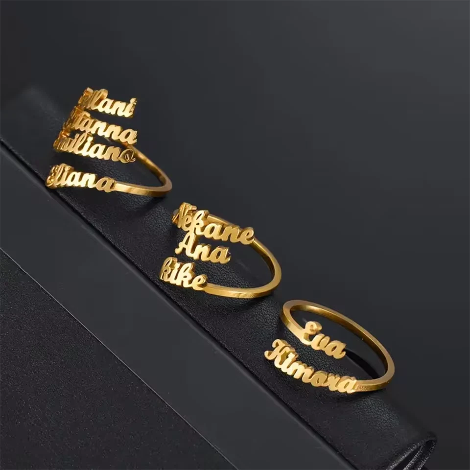 Custom 1-4 Multiple Name Ring Gold Silver Stainless Steel Jewelry Women Band - Image 3 of 4