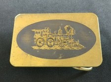 AMERICAN STEAM ENGINE TRAIN RAILROAD PICTURE BRASS TONED VINTAGE BELT BUCKLE
