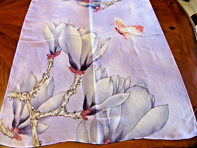 LILAC PINK GREY 100% SILK FEELING POLYESTER BRANCHES & FLORAL 64''X19'' SCARF NWOT