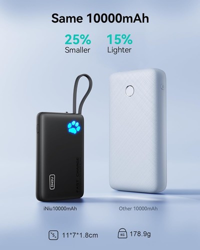 INIU Portable Charger, Slimmest 10000mAh Power Bank & Built in USB-C Cable E219 - Zdjęcie 4 z 7
