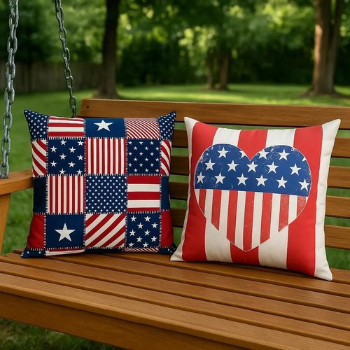 Patriotic Patchwork Pillow Cover American Flag 4th of July, Red White Blue - Picture 4 of 10