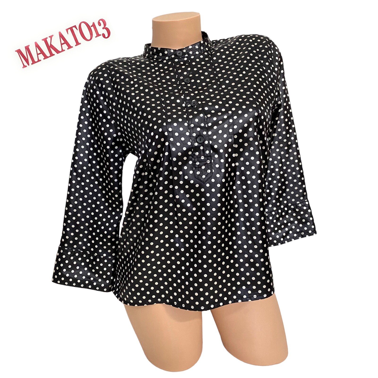 GAP Women's SMALL Black Polka-Dot Pull Over 3/4 Sleeve Blouse Shine Top EUC