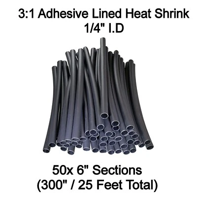 BUY AUTO SUPPLY 50 - 6" Pcs 1/4" Black 3:1 Heat Shrink Tubing Adhesive Lined Dual Wall (25 Feet)