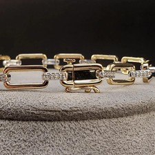 14K Two Tone Gold Plated Diamond Lab Created 8Ct Round Cut Paperclip Bracelet 7"