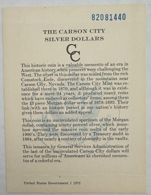 Genuine 1882-CC GSA COA ONLY!!  NO COIN OR BOX!!! + Bonus Card  Free US Shipping
