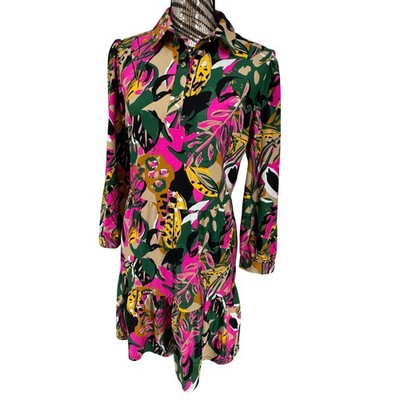 Jude Connally Pink Green Tropical Floral Tiered Shirt Dress Medium