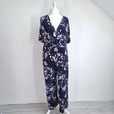 M&S Per Una Jumpsuit Belted UK 20 Purple Floral Print Slit Short Sleeves Party
