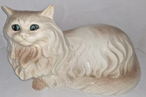 Vtg MCM Persian Large Ivory W/blush Ceramic Cat Green Eyes LAYING Down Figurine