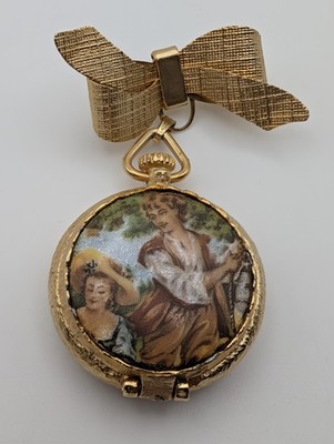 Vintage Max Factor Cameo Solid Perfume Brooch Gold Tone Bow Pin Fragonard Style