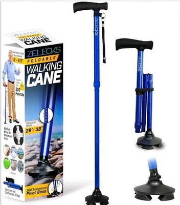   Zelecks Folding Cane 360° Pivot Base Adjustable Self-Standing Blue