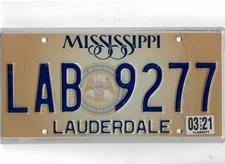 MISSISSIPPI passenger 2021 license plate "LAB 9277" ***LAUDERDALE***