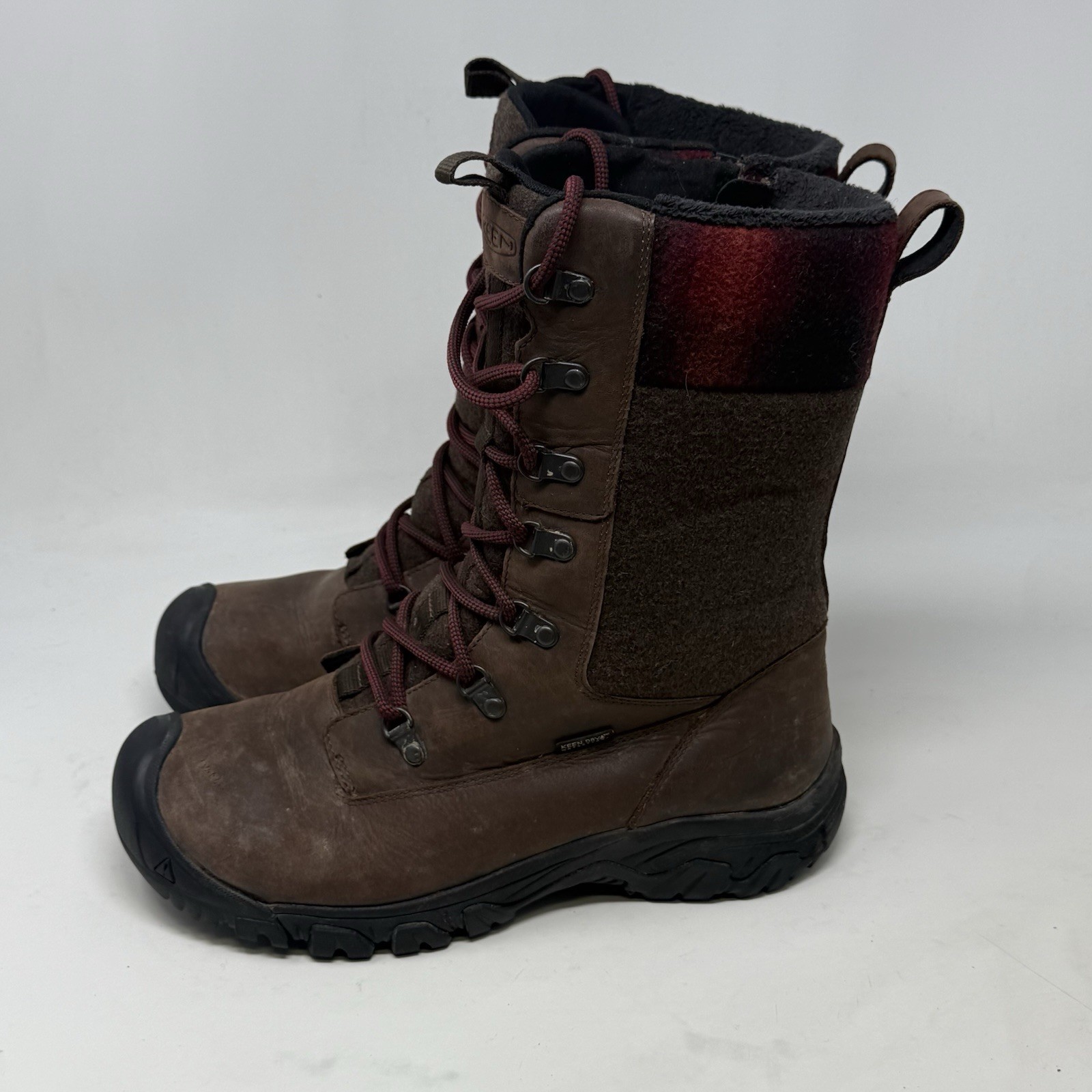 Stivali impermeabili KEEN Greta donna 9 5 pelle marrone isolati metà polpaccio zip laterale