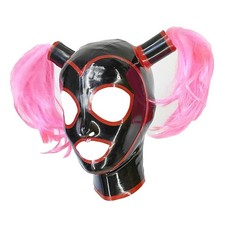 Cosplay Latex Hood Open Eyes and Mouth with Pink Ponytail Back Zip Rubber Mask