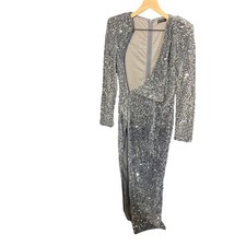 BANJUL Silver Sequin Long Sleeve Maxi Dress High Slit Glamorous Evening
