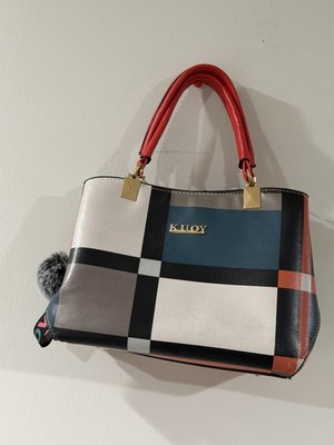 Kuoy Plaid Womens Handbags Purse Messenger Multi Color Tan With Puff Keychain
