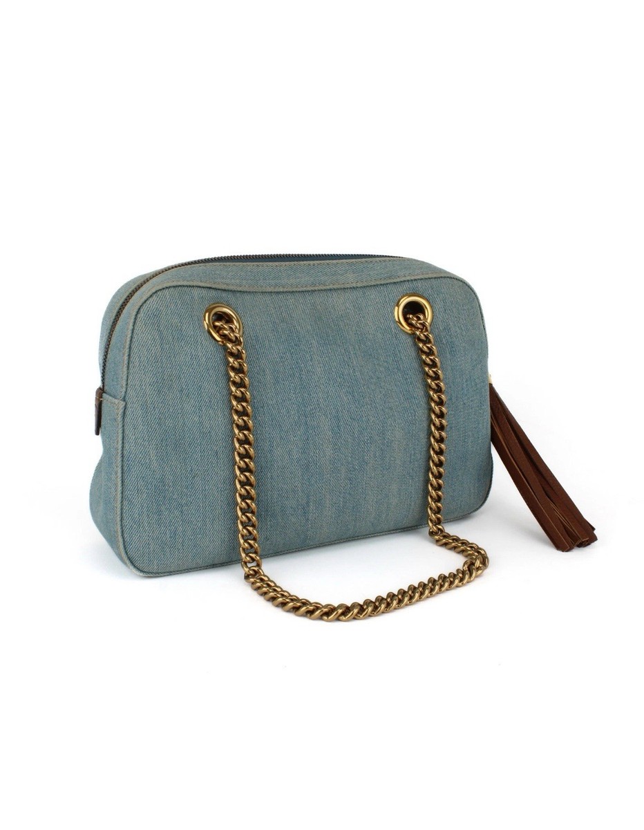 Gucci Soho Disco Blue Denim Shoulder Bag Gold Chain Strap Tassel