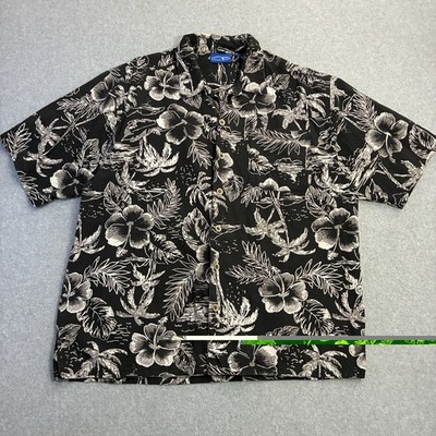OP Men s Black Hawaiian Aloha Floral Button Up Shirt Tropical Short Sleeve Large