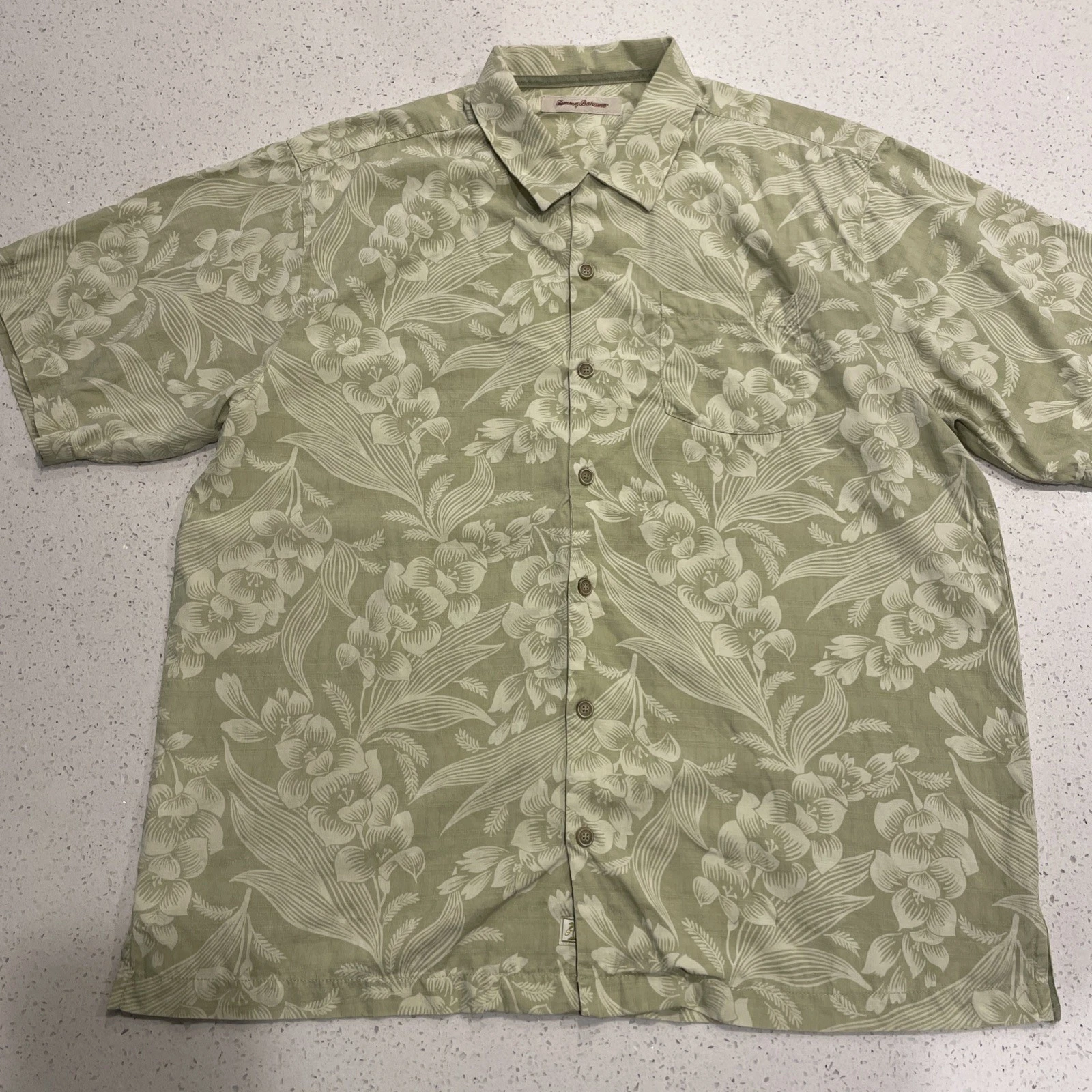 Tommy Bahama Silk Shirt Mens Extra Large XL Green White Short Sleeve Palm Floral
