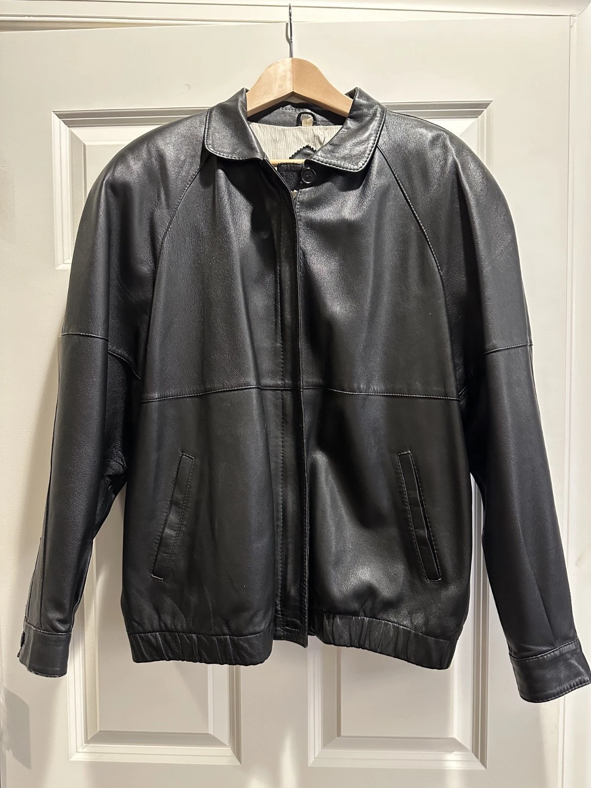Vintage 90s Britches Great Outdoors Smooth Black Leather Harrington Jacket - Lg - product detail image 1