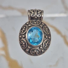 Modern NF Sterling Silver 925 Blue Topaz Faceted Oval Slide Pendant