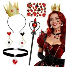 Queen Costume Accessories, Red Hearts Crown Headband Wand Necklaces Earrings