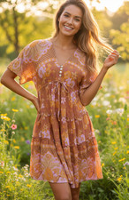 HONEY BUNCH Dress Size S / M Orange Pink Floral Boho Peasant Pockets Travel