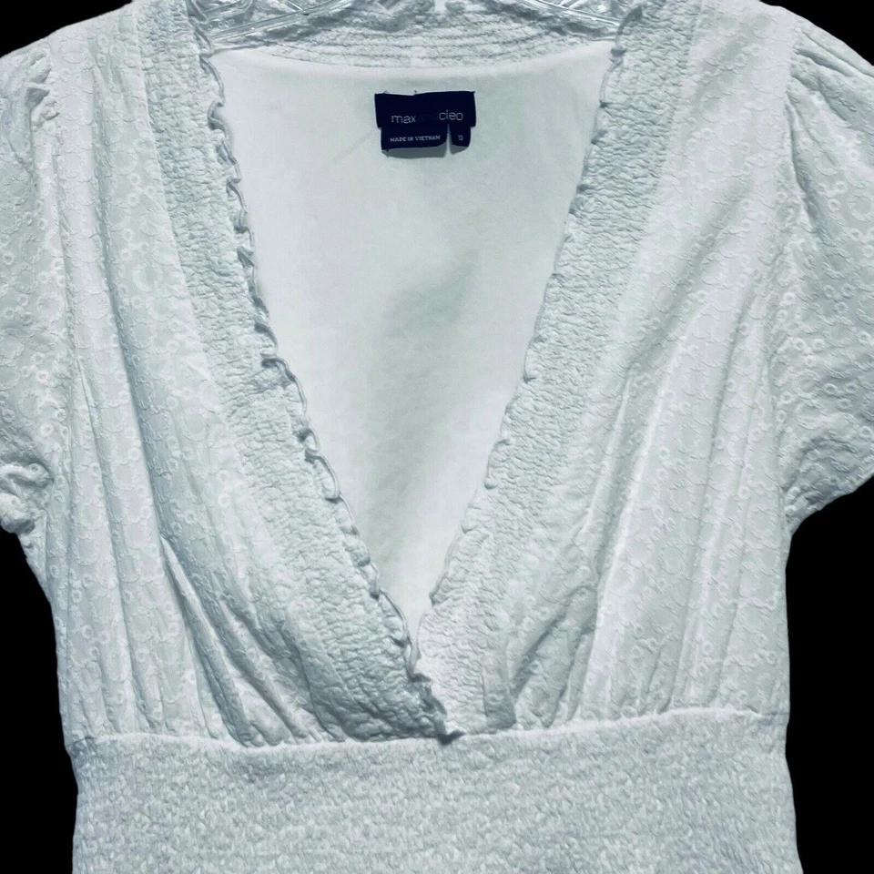 Vestido Max & Cleo Para Mujer Blanco Algodón Cuello en V Manga Corta Corbata Trasera Talla/10 Foto 4 de 4