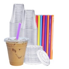  12 oz. - 100 Count Clear Cups with Flat Lids  Straws - Disposable Clear Dri...