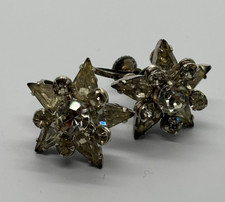 Vintage Rhinestone Earrings Silver Tone Starburst Clip On