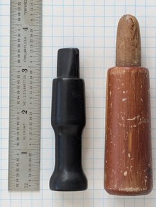 P.S. OLT. PEKIN, ILLS.  Duck Crow Call & Wooden Goose Call  Pair Vintage 1900's