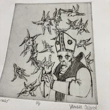 Limited Edition Dark Humor Gothic Pope Cherubs Art Print Engraving Signed