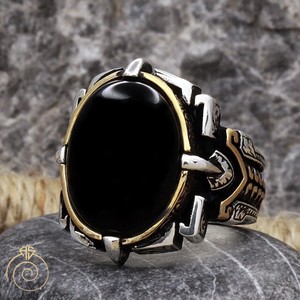 Oval Black Stone Onyx Mens Silver Statement Ring Gemstone Mid Century Jewelry Ebay
