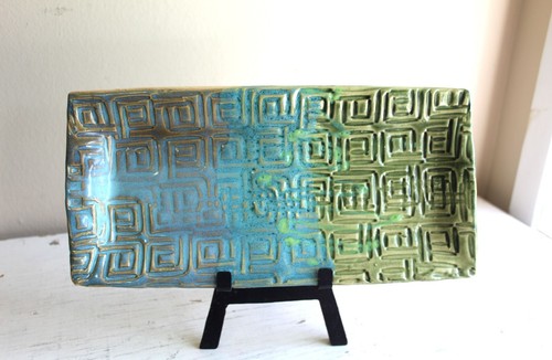 Studio Art Pottery Hand Built Slab Tray Platter MCM Blue Green Incised Geometric - Picture 7 of 8