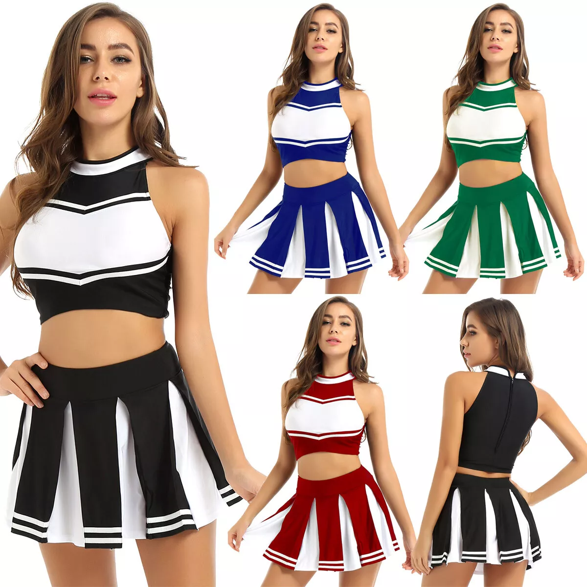 US Womens Cheerleader Costume Cheer High School Uniform Mini Skirt Fancy  Dress