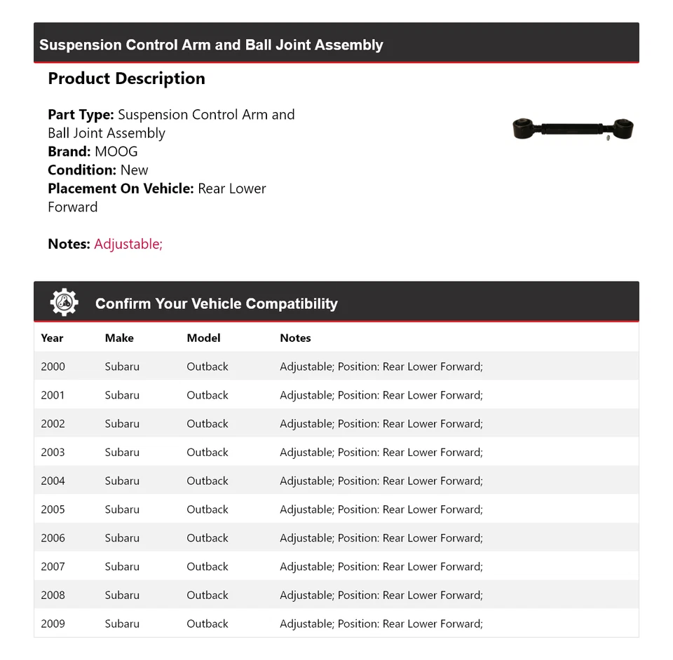 Brazo de control trasero delantero inferior MOOG 2000 2001 2002 para Subaru Outback 2000-2009 Foto 2 de 4