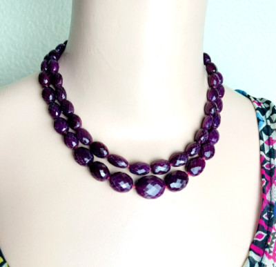Jaded Jewels 2 Strang Halskette Glas gefüllt Rubin facettiert Cabochon Perlen signiert