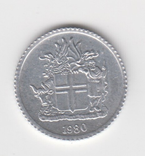 ISLANDIA 1980. 1 CRONA “Flotkróna”. Escudo de armas islandés. Abedul pubescente KM#23 - Imagen 2 de 2