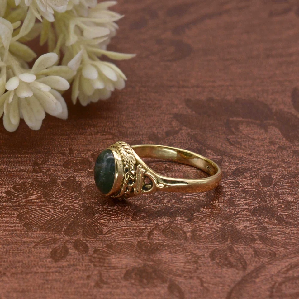 Moss Agate Ring Brass Gold Women Ring Promise Engagement Ring Gift For Mother - Image 4 of 4