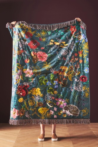 Nathalie Lete Velvet Throw Blanket Anthropologie Woodland Mushrooms Fringe NEW - Picture 4 of 4