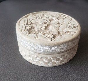 Antique Chinese Carved White Cinnabar Round Lacquer Box, marked CHINA