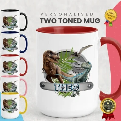SWEET TOPS Personalised Dinosaur Theme Mug Velociraptor & T Rex Two Tone Novelty Gift