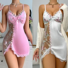 Women's Mesh Floral Embroidery Lace Trim Sheer Chemise Sleep Dresses