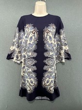 Boho Paisley Tunic Dress Blue Relaxed Fit Summer Flowy Short Sleeve UK 8 H&M
