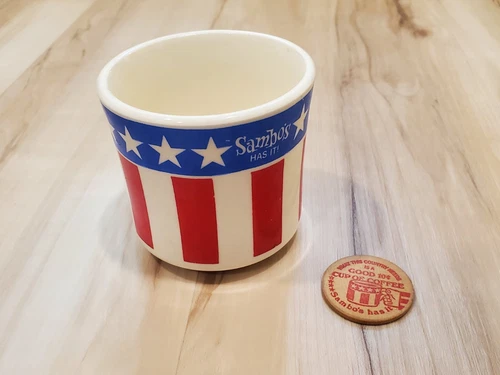 Vintage 1970's Sambo's Restaurant U.S. Flag Coffee Cup Mug & Wood Token