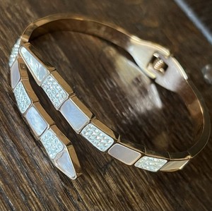 Authentic Rose Gold-Plated Snake-Inspired Bracelet Cuff With Crystals & Faux MOP