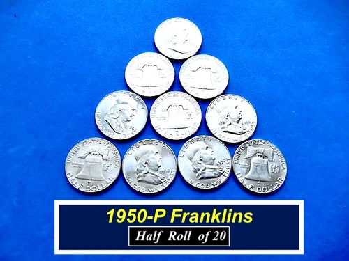 HALF-ROLL of  1950-P  "AU-UNC" Franklin Halves ➳ FBL's = 8  ➳ 10 Coins ➳ R150*