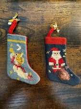 Vtg Handmade Santa Needlepoint Mini Stocking Ornament