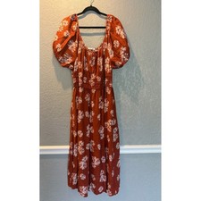 Madewell Rust Floral Linen Blend Puff Sleeve Square Neck Midi Dress